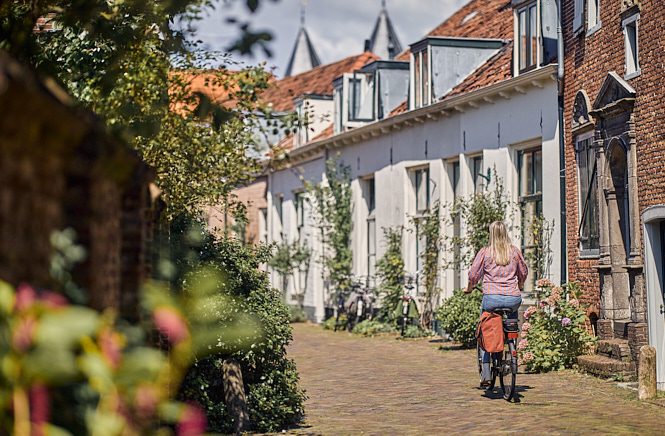 Vrouw die door een woonwijk fietst langs een rij huizen met veel groene struiken