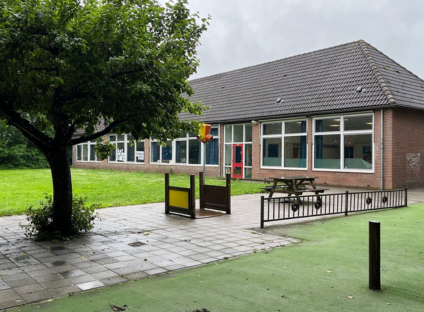 Leegstaand gebouw met een boom, gras en picknicktafel